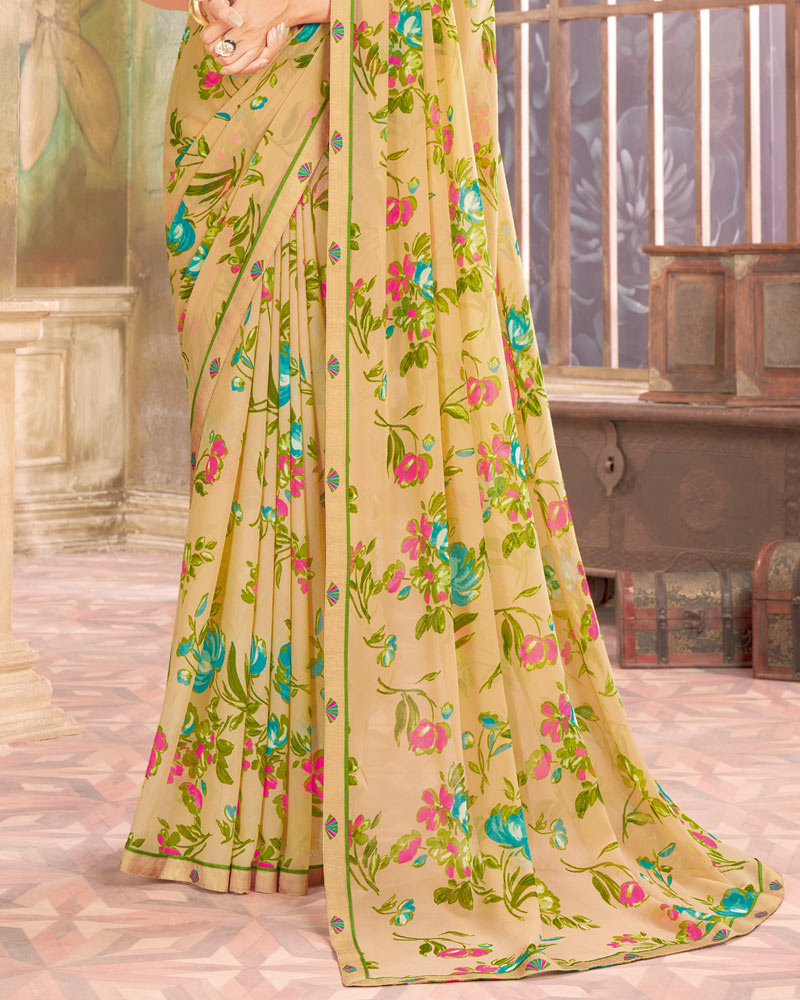 Vishal Prints Pastel Yellow Printed Georgette Saree With Fancy Border