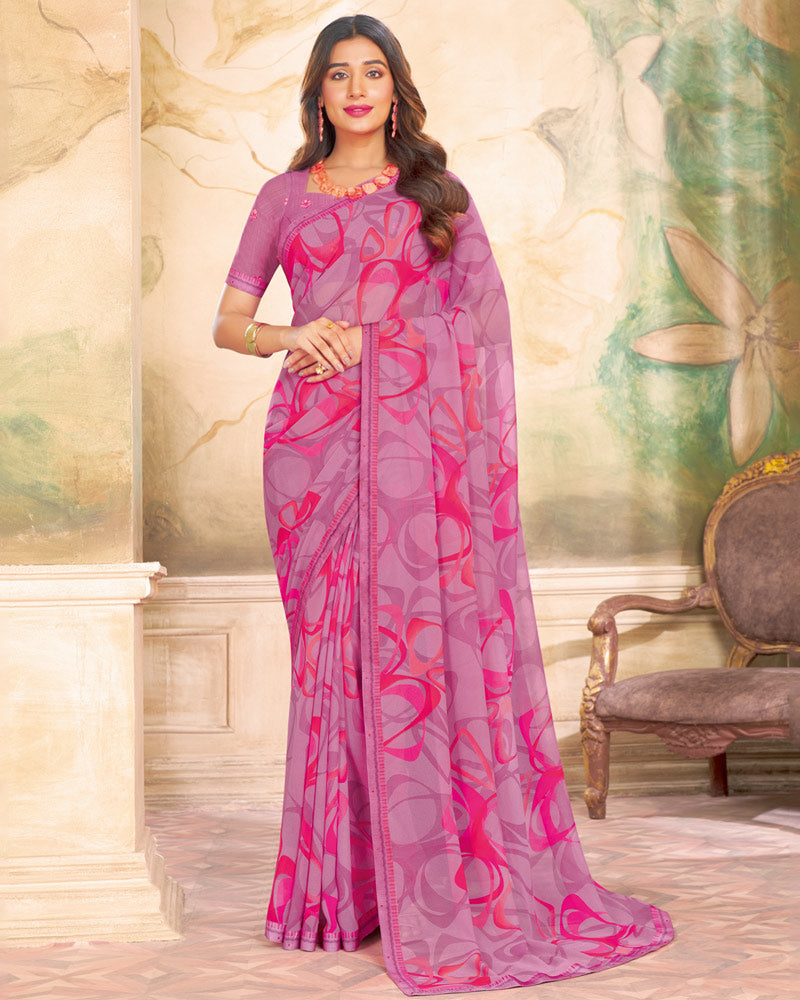 Vishal Prints Dusty Pink Printed Georgette Saree With Fancy Border