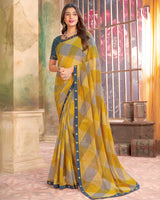 Vishal Prints Mustard Yellow Printed Georgette Saree With Fancy Border