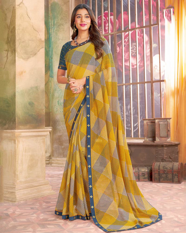 Vishal Prints Mustard Yellow Printed Georgette Saree With Fancy Border