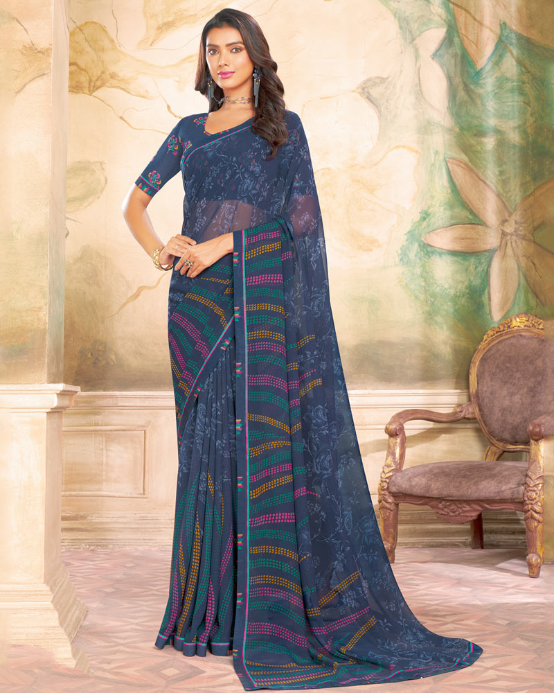 Vishal Prints Dark Greyish Blue Printed Georgette Saree With Fancy Border