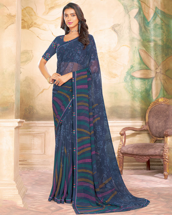 Vishal Prints Dark Greyish Blue Printed Georgette Saree With Fancy Border