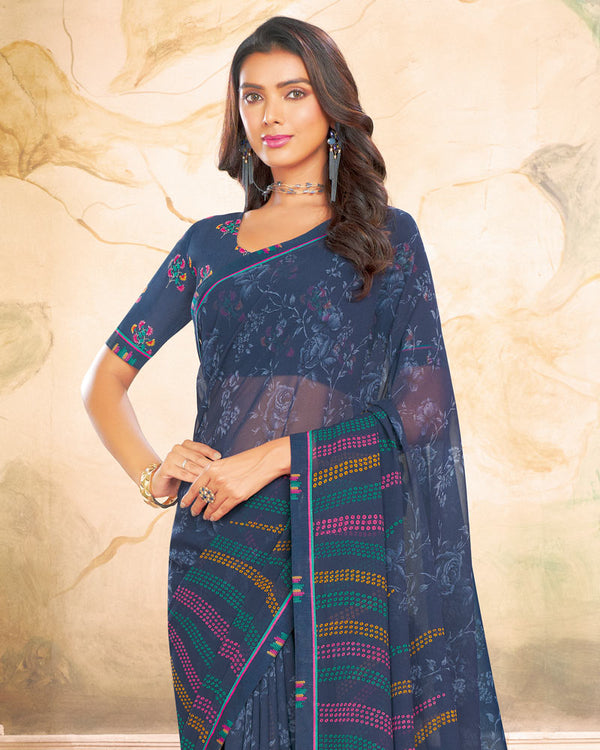 Vishal Prints Dark Greyish Blue Printed Georgette Saree With Fancy Border