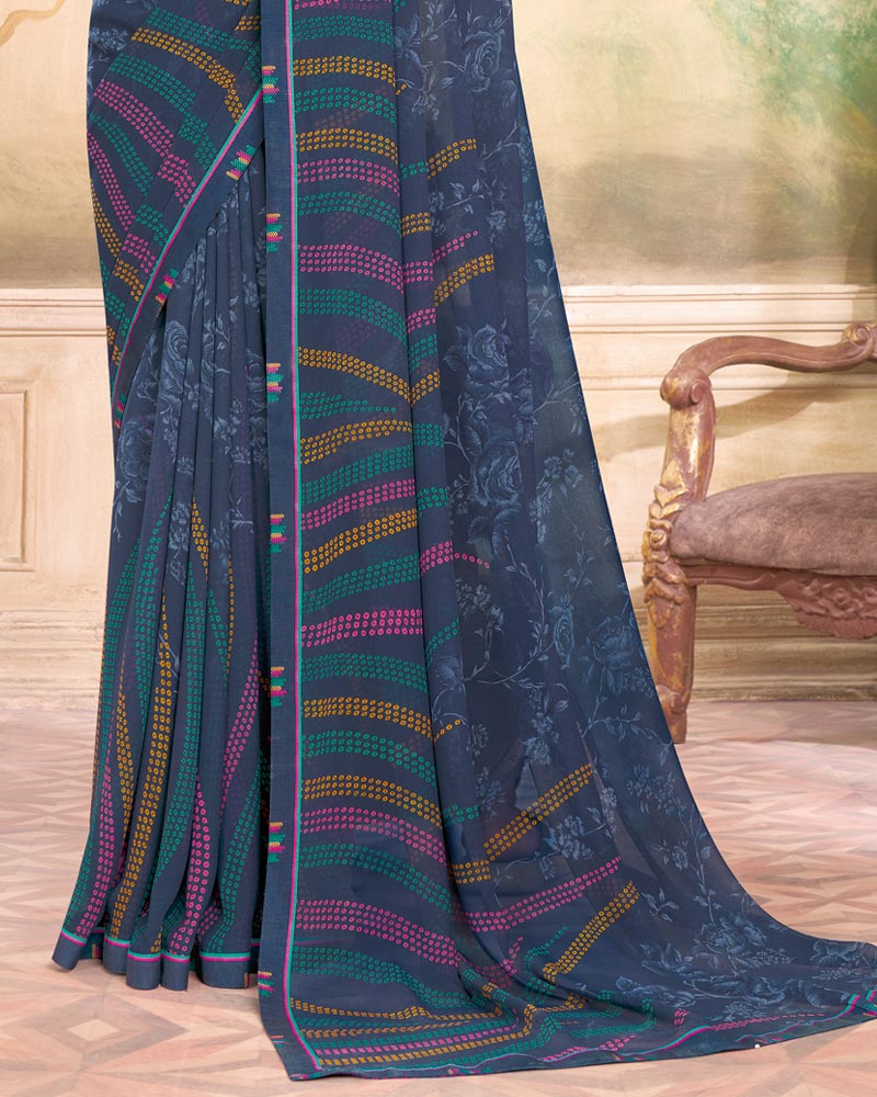Vishal Prints Dark Greyish Blue Printed Georgette Saree With Fancy Border