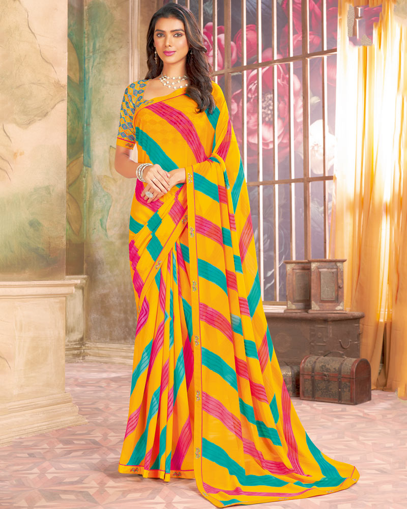 Vishal Prints Dark Yellow Printed Georgette Saree With Fancy Border