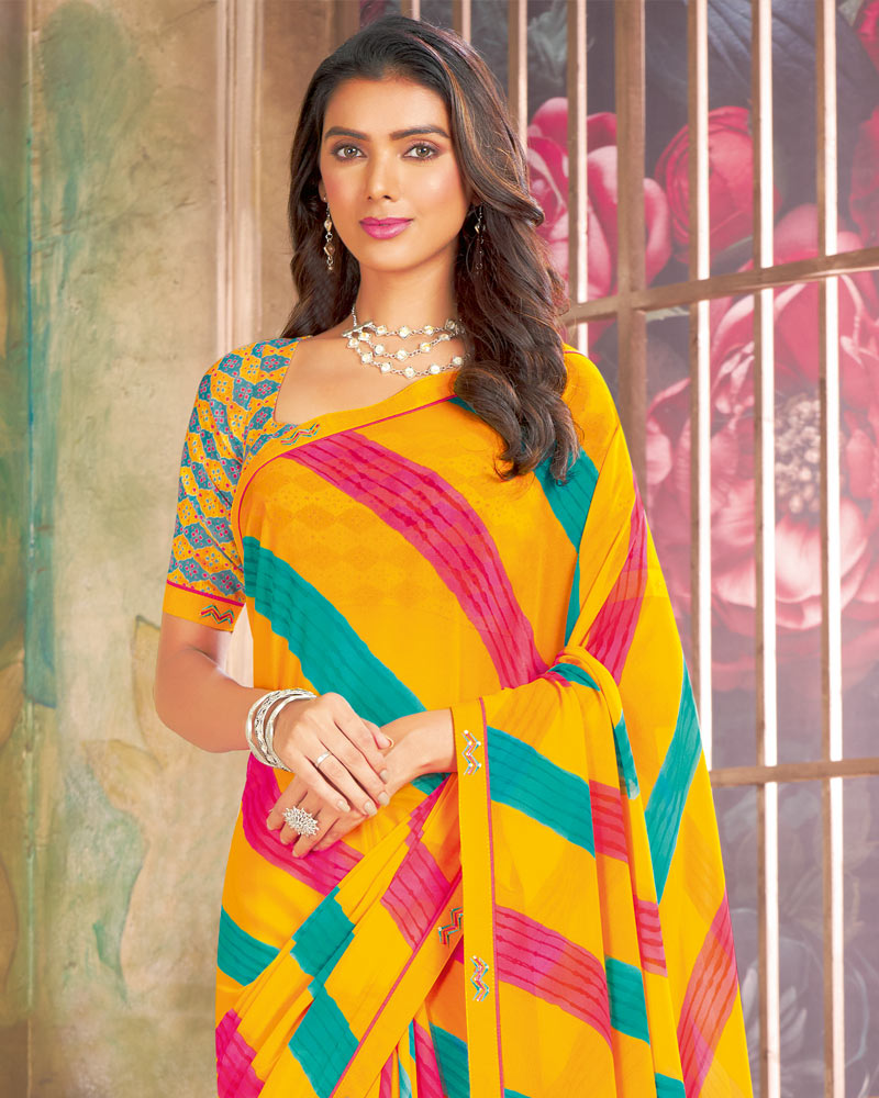 Vishal Prints Dark Yellow Printed Georgette Saree With Fancy Border