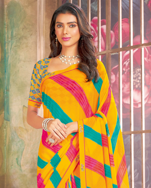 Vishal Prints Dark Yellow Printed Georgette Saree With Fancy Border