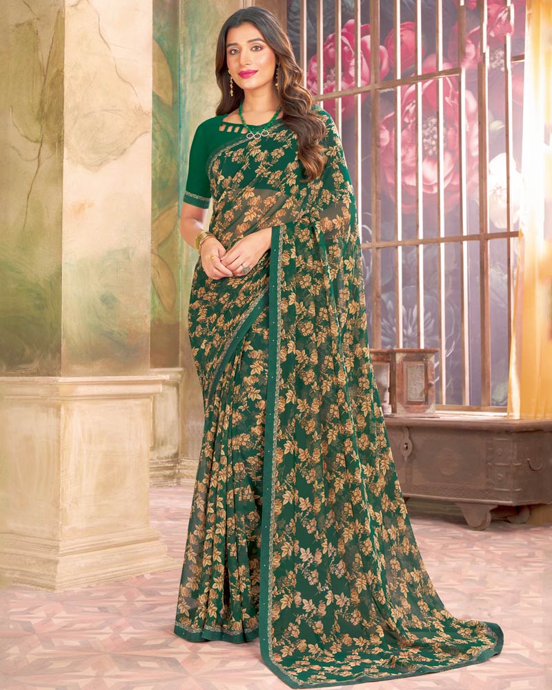 Vishal Prints Dark Green Printed Georgette Saree With Fancy Border