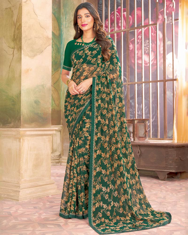 Vishal Prints Dark Green Printed Georgette Saree With Fancy Border