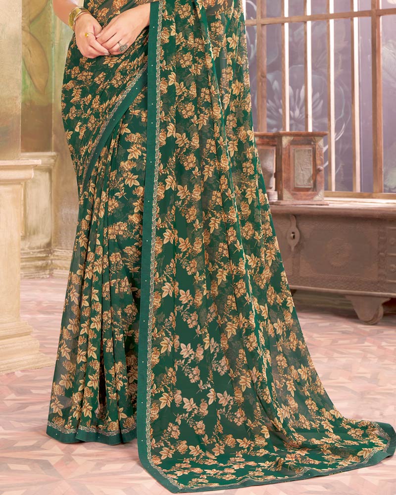 Vishal Prints Dark Green Printed Georgette Saree With Fancy Border
