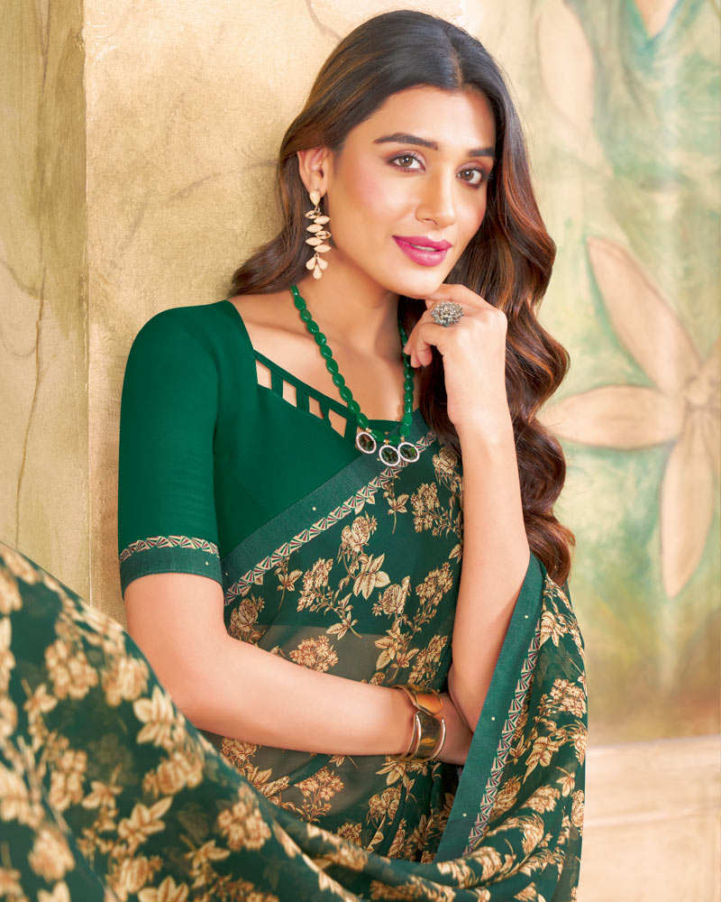 Vishal Prints Dark Green Printed Georgette Saree With Fancy Border