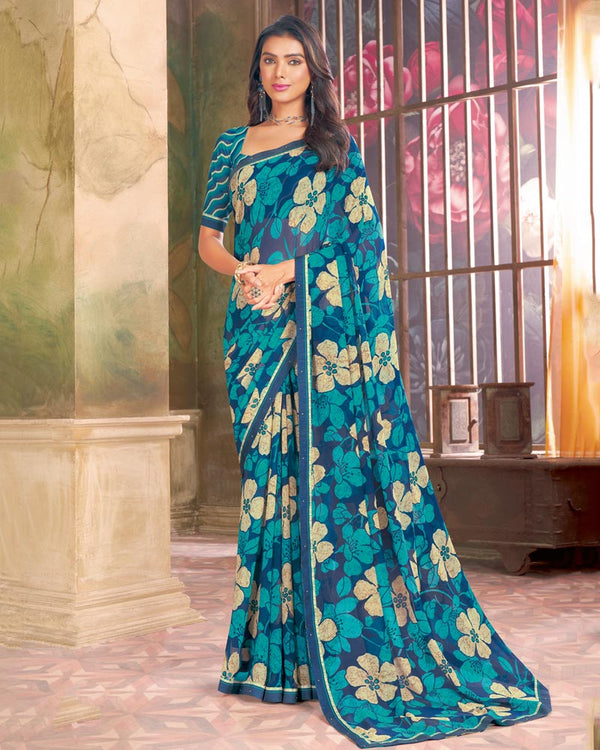 Vishal Prints Midnight Blue Printed Georgette Saree With Fancy Border