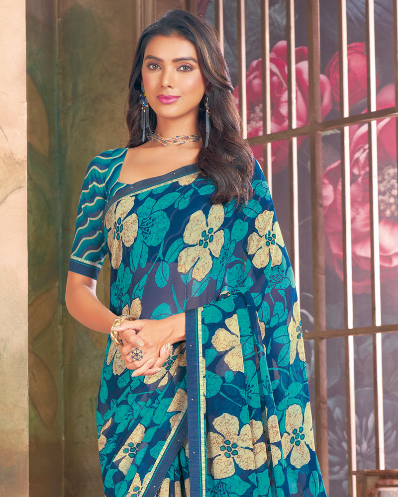 Vishal Prints Midnight Blue Printed Georgette Saree With Fancy Border