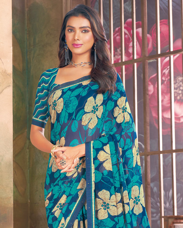 Vishal Prints Midnight Blue Printed Georgette Saree With Fancy Border
