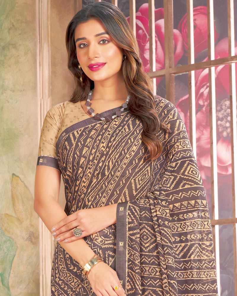 Vishal Prints Dusty Brown Printed Georgette Saree With Fancy Border