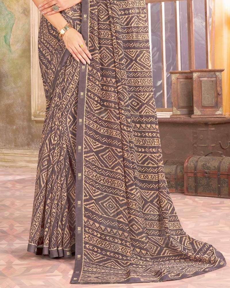 Vishal Prints Dusty Brown Printed Georgette Saree With Fancy Border