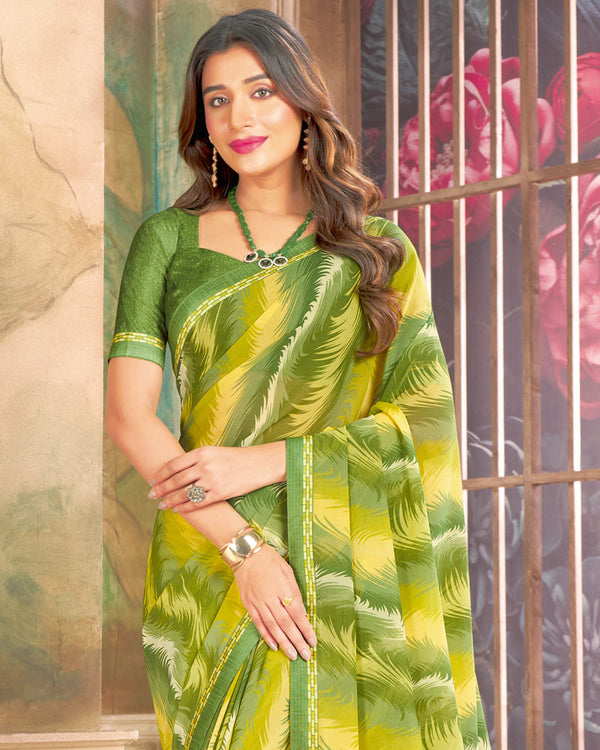 Vishal Prints Olive Yellow Printed Georgette Saree With Fancy Border