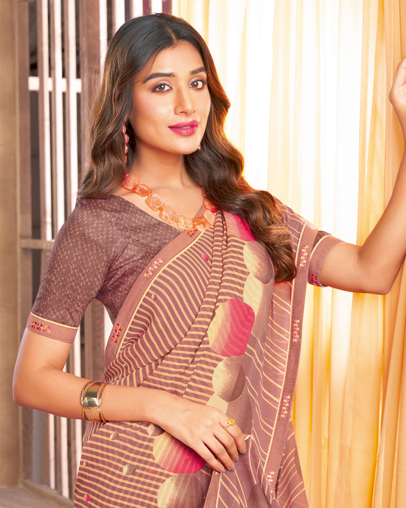 Vishal Prints Reddish Orange Printed Georgette Saree With Fancy Border