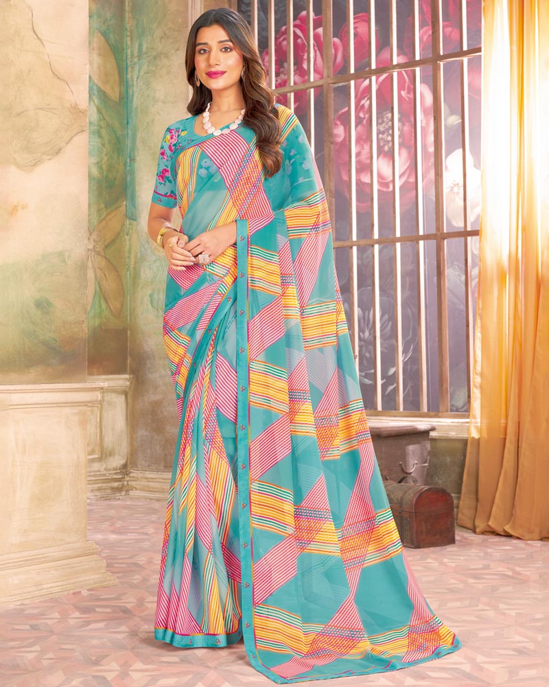 Vishal Prints Persian Green Printed Georgette Saree With Fancy Border