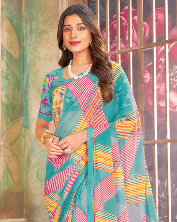 Vishal Prints Persian Green Printed Georgette Saree With Fancy Border