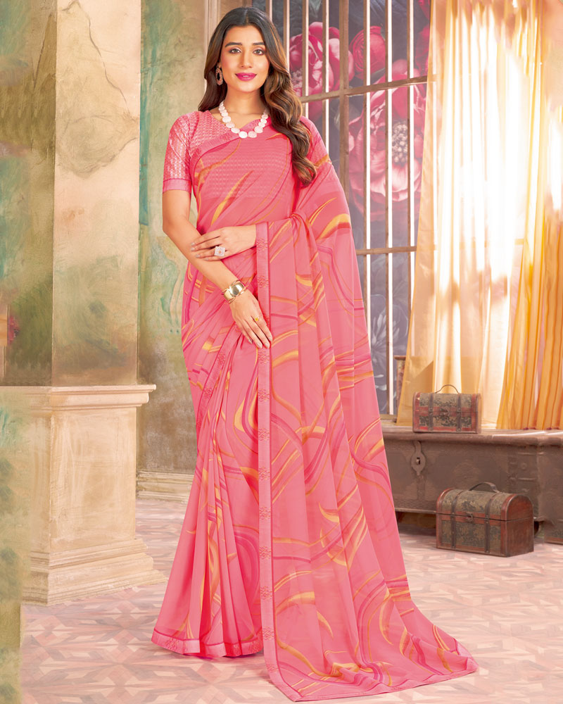 Vishal Prints Salmon Pink Printed Georgette Saree With Fancy Border
