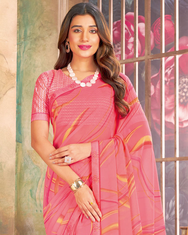 Vishal Prints Salmon Pink Printed Georgette Saree With Fancy Border