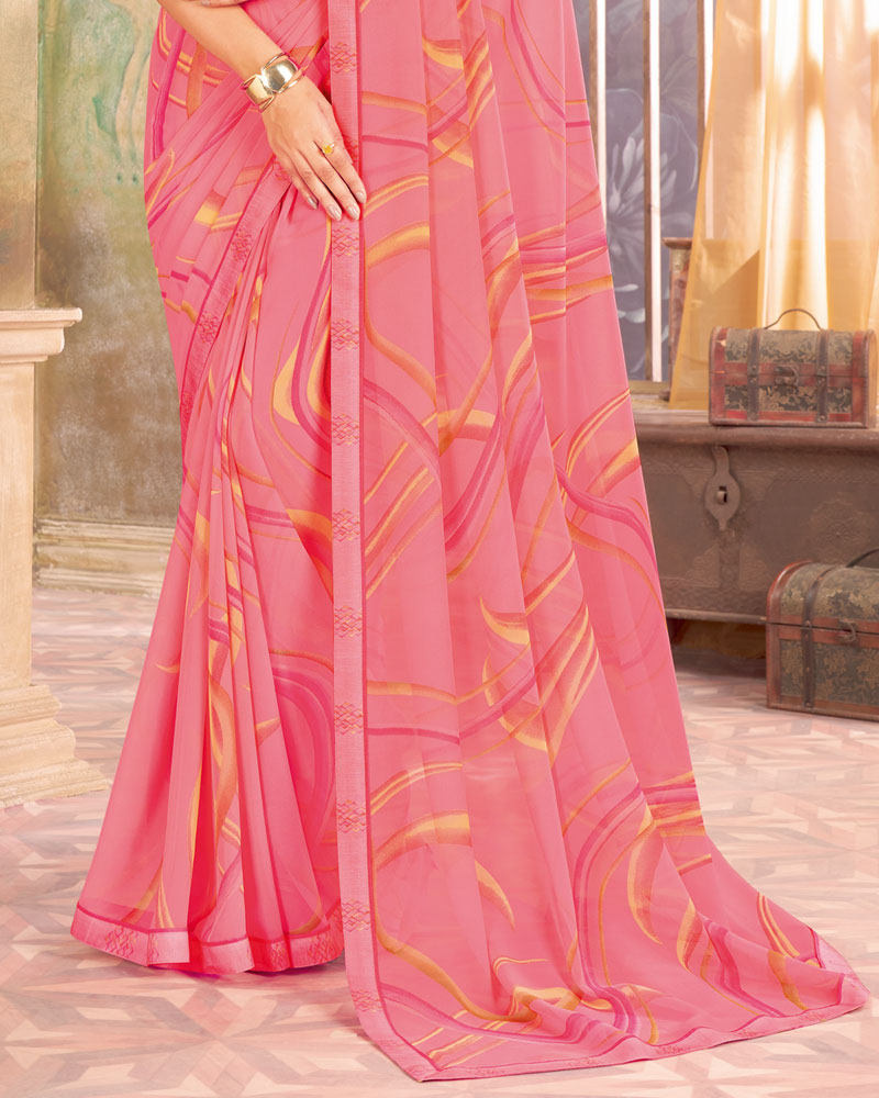 Vishal Prints Salmon Pink Printed Georgette Saree With Fancy Border