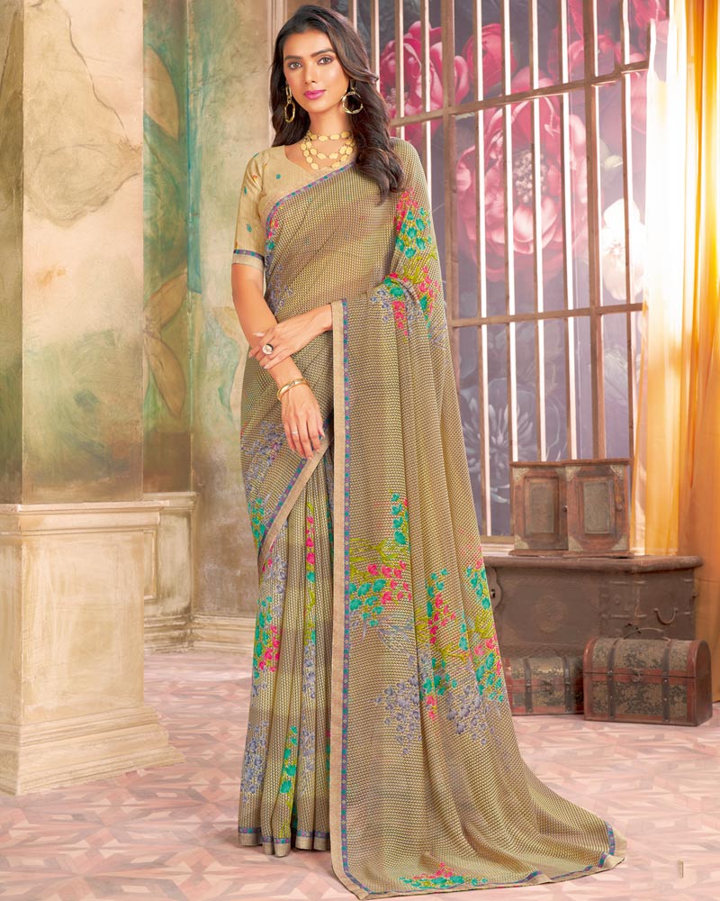 Vishal Prints Fawn Printed Georgette Saree With Fancy Border