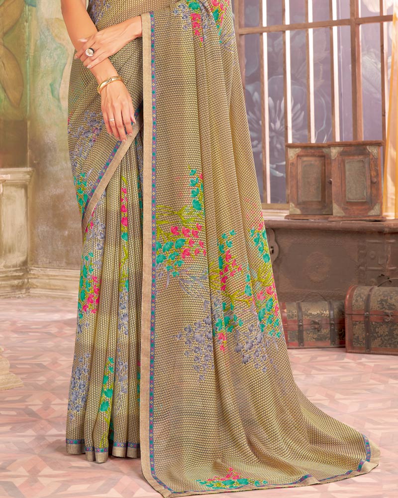 Vishal Prints Fawn Printed Georgette Saree With Fancy Border