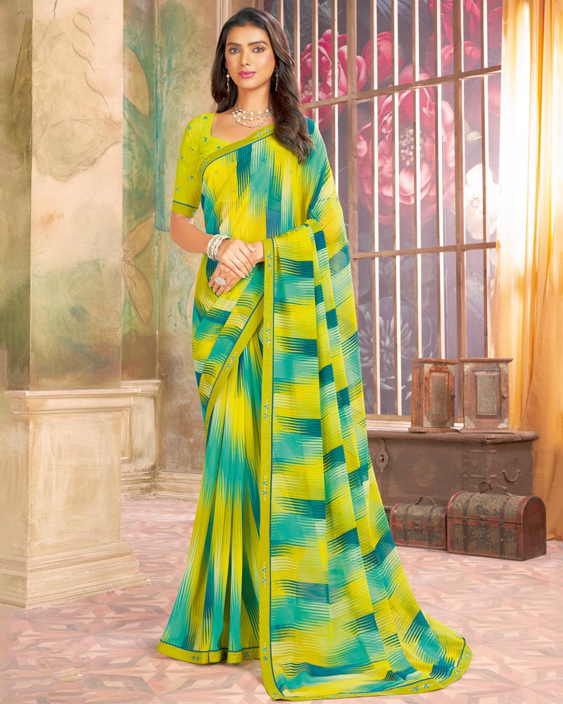 Vishal Prints Bright Lemon Yellow Printed Georgette Saree With Fancy Border