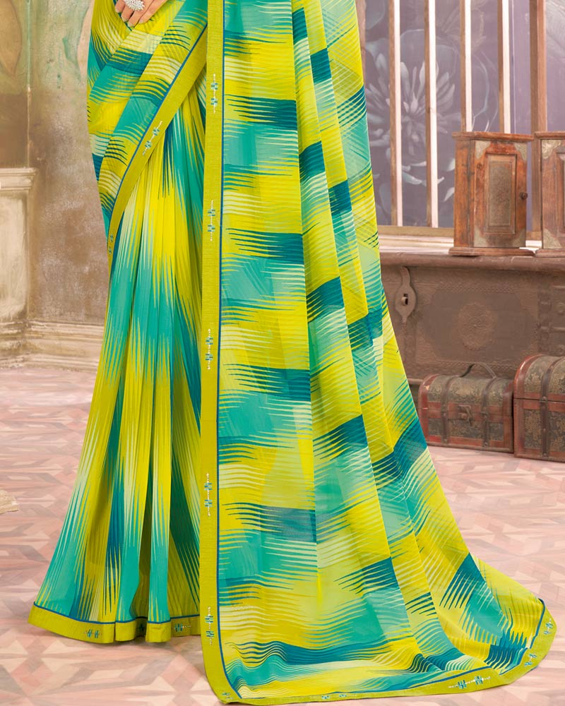 Vishal Prints Bright Lemon Yellow Printed Georgette Saree With Fancy Border