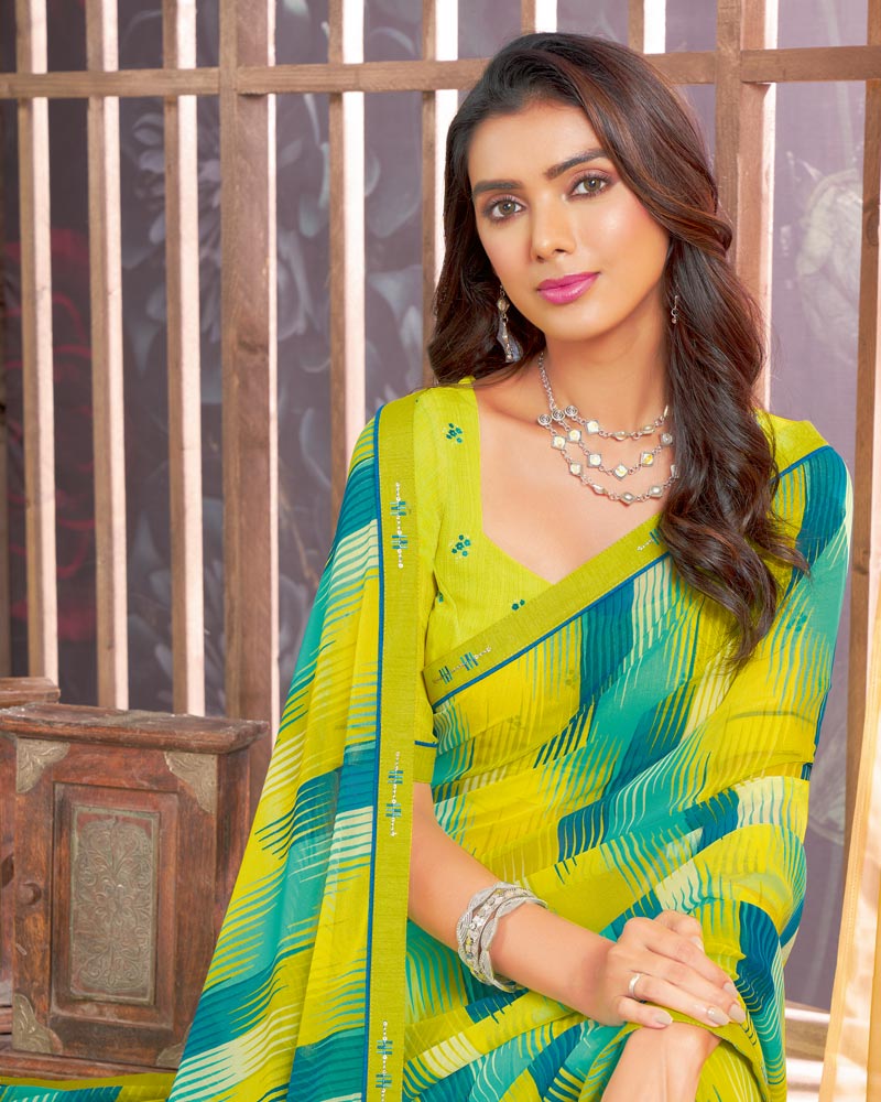 Vishal Prints Bright Lemon Yellow Printed Georgette Saree With Fancy Border