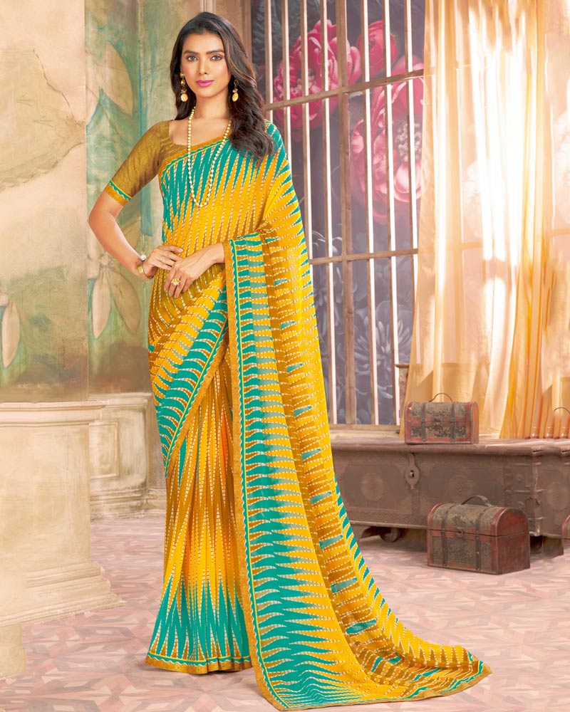 Vishal Prints Dark Yellow Printed Georgette Saree With Fancy Border