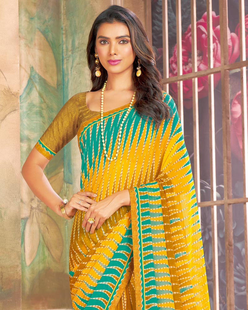 Vishal Prints Dark Yellow Printed Georgette Saree With Fancy Border