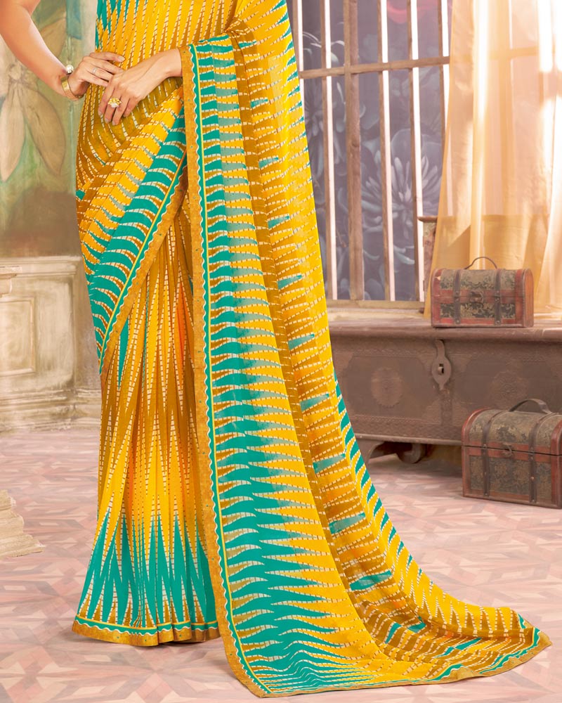 Vishal Prints Dark Yellow Printed Georgette Saree With Fancy Border