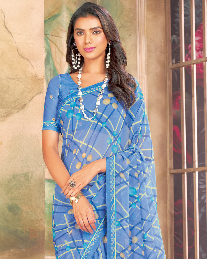 Vishal Prints Celestial Blue Printed Georgette Saree With Fancy Border