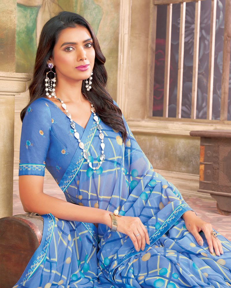 Vishal Prints Celestial Blue Printed Georgette Saree With Fancy Border