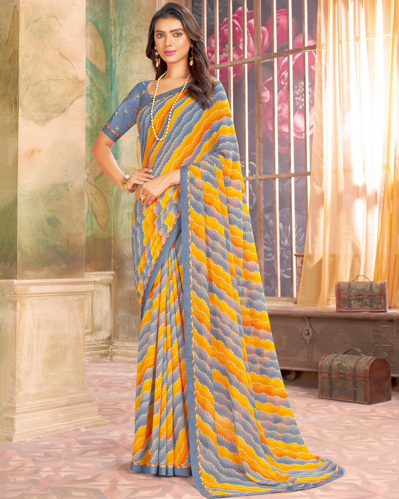 Vishal Prints Natural Grey Printed Georgette Saree With Fancy Border