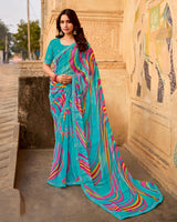 Vishal Prints Turquoise Blue Printed Georgette Saree With Fancy Border