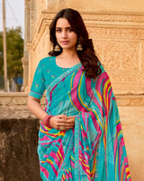Vishal Prints Turquoise Blue Printed Georgette Saree With Fancy Border