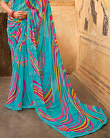 Vishal Prints Turquoise Blue Printed Georgette Saree With Fancy Border