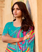 Vishal Prints Turquoise Blue Printed Georgette Saree With Fancy Border