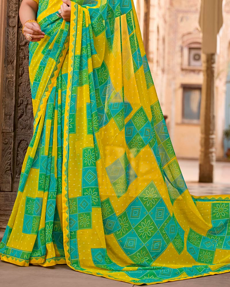 Vishal Prints Burnt Yellow Printed Georgette Saree With Fancy Border
