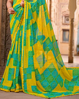 Vishal Prints Burnt Yellow Printed Georgette Saree With Fancy Border