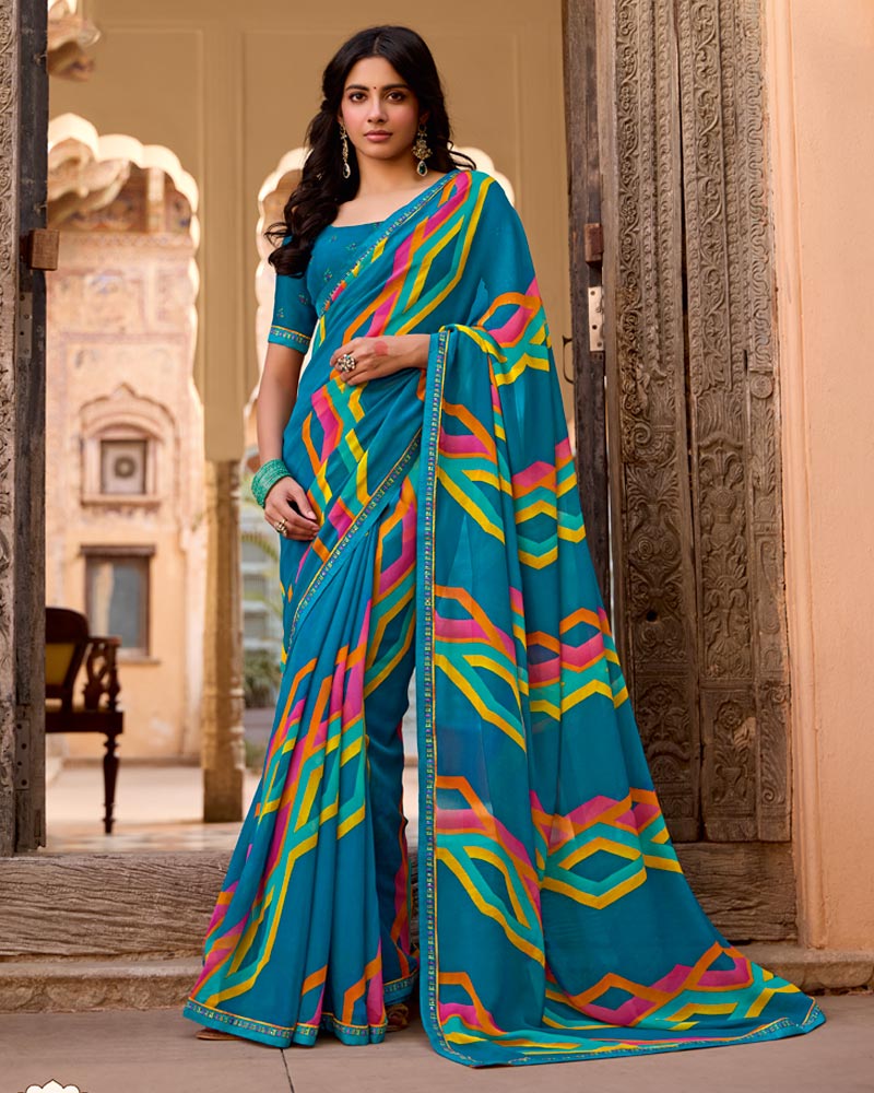 Vishal Prints Venice Blue Printed Georgette Saree With Fancy Border