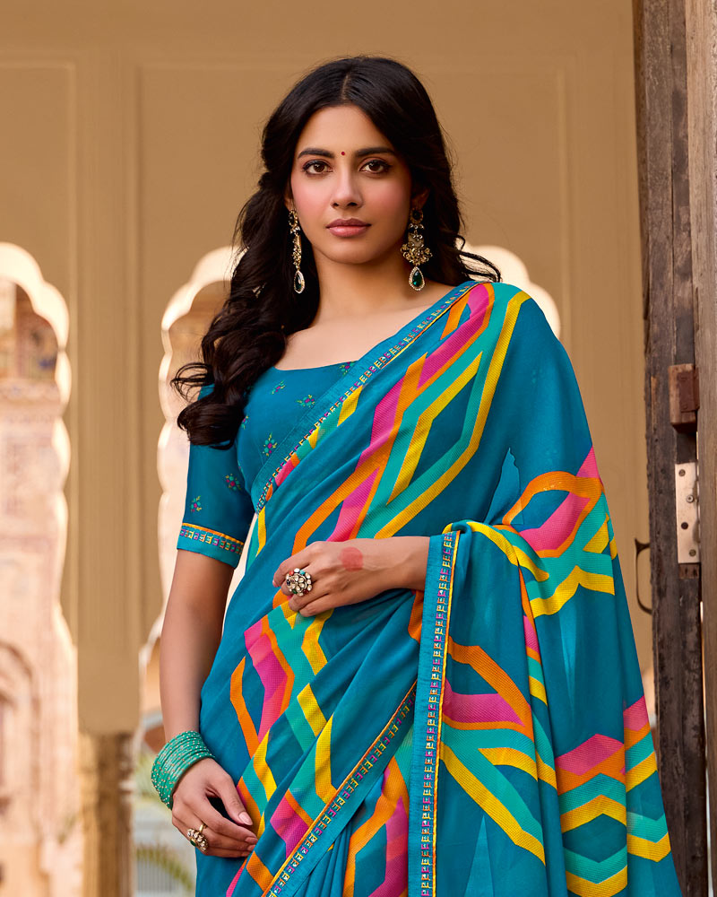 Vishal Prints Venice Blue Printed Georgette Saree With Fancy Border