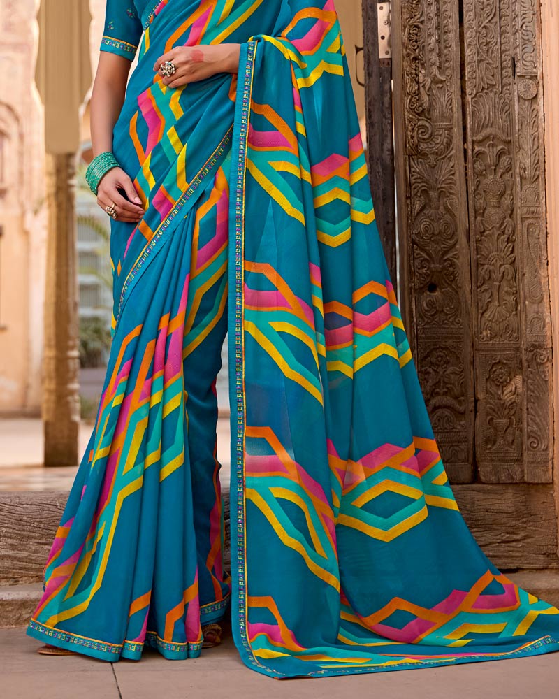 Vishal Prints Venice Blue Printed Georgette Saree With Fancy Border