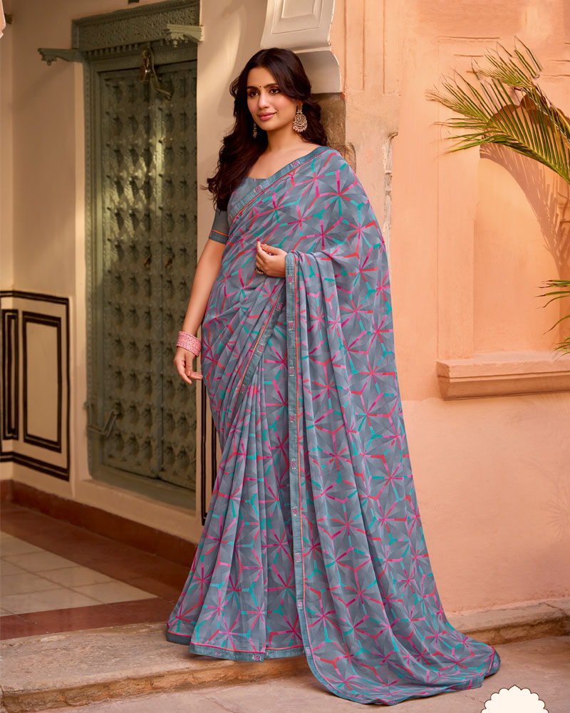 Vishal Prints Slate Grey Printed Georgette Saree With Fancy Border