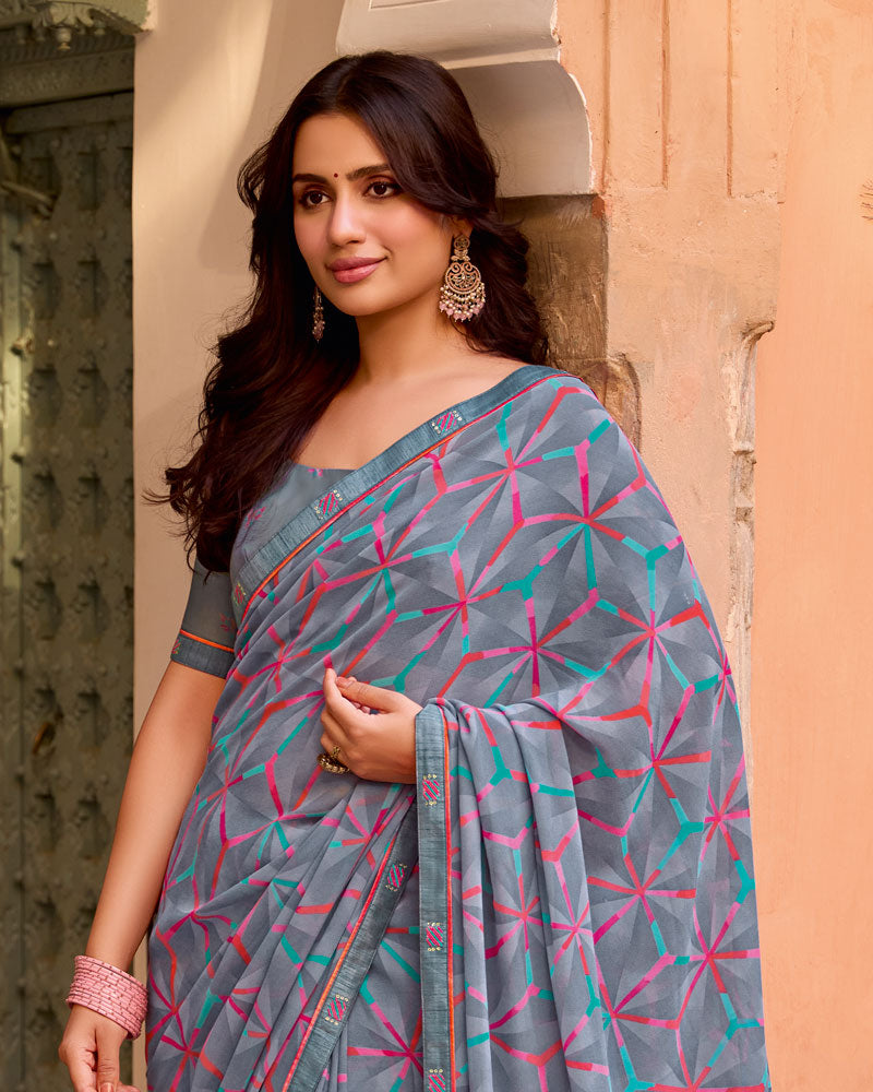 Vishal Prints Slate Grey Printed Georgette Saree With Fancy Border