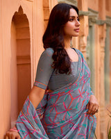 Vishal Prints Slate Grey Printed Georgette Saree With Fancy Border